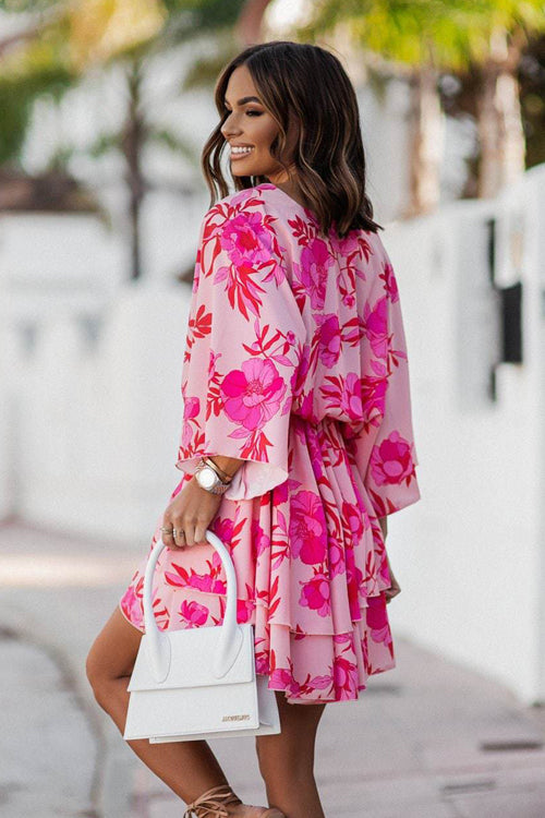 Abstract Print Plunging V-Neck Twist Front Bell Sleeve Tiered Mini Dress