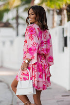 Abstract Print Plunging V-Neck Twist Front Bell Sleeve Tiered Mini Dress
