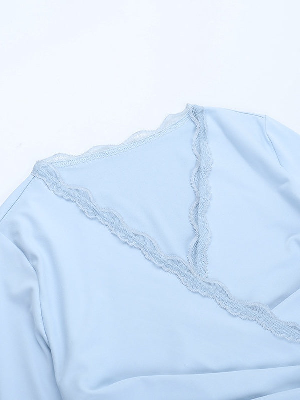Lace-trimmed V-neck Tie-up Long Sleeves T-shirts