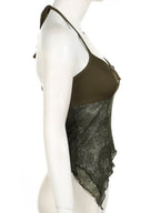 Metal Buckle Pleated Halter Neck And Backless Tank Top
