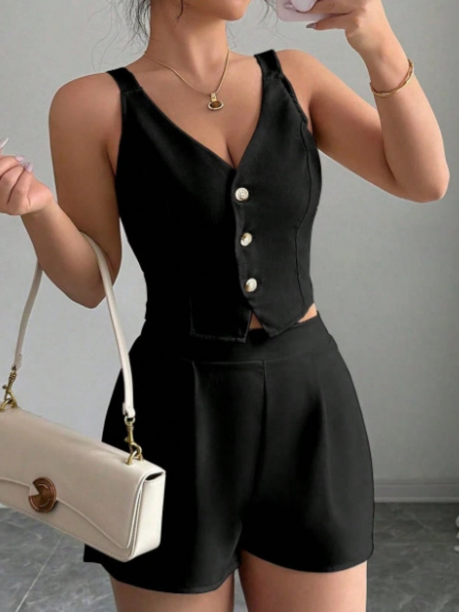 Stylish And Slimming Two-piece Set Of Button-down Vest And Shorts In Solid Color For Commuting.