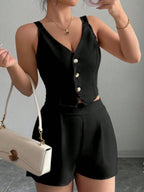 Stylish And Slimming Two-piece Set Of Button-down Vest And Shorts In Solid Color For Commuting.