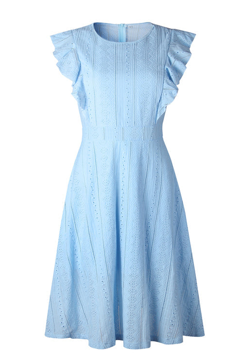Eyelet Crew Neck Butterfly Ruffle Sleeve A-Line Midi Dress