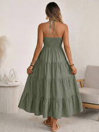 Halter V-neck Drawstring Loose-fit Vacation Maxi Dresses