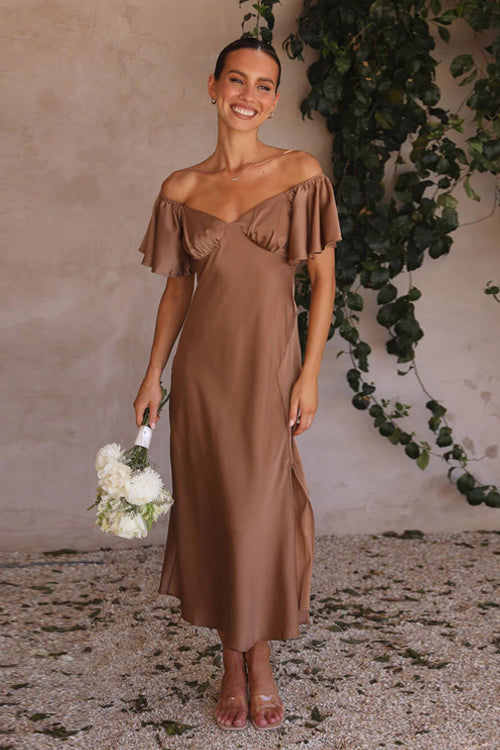 Satin Sweetheart Flutter Sleeve Ruched Bust High Slit Midi Dress