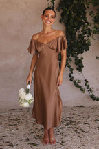 Satin Sweetheart Flutter Sleeve Ruched Bust High Slit Midi Dress