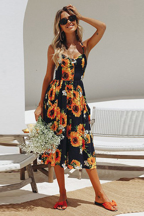 Sunflower Print Spaghetti Strap Button Front Fit and Flare Midi Dress