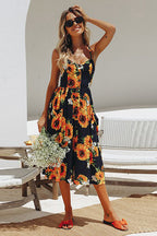 Sunflower Print Spaghetti Strap Button Front Fit and Flare Midi Dress