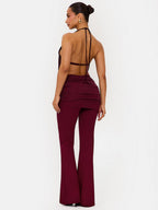 Halter Neck Collar Backless Tie-up Top Metal Buckle Flared Trousers 2-piece Sets