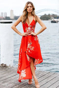 Floral Print Spaghetti Strap V-Neck High Low Ruffle Hem Maxi Dress