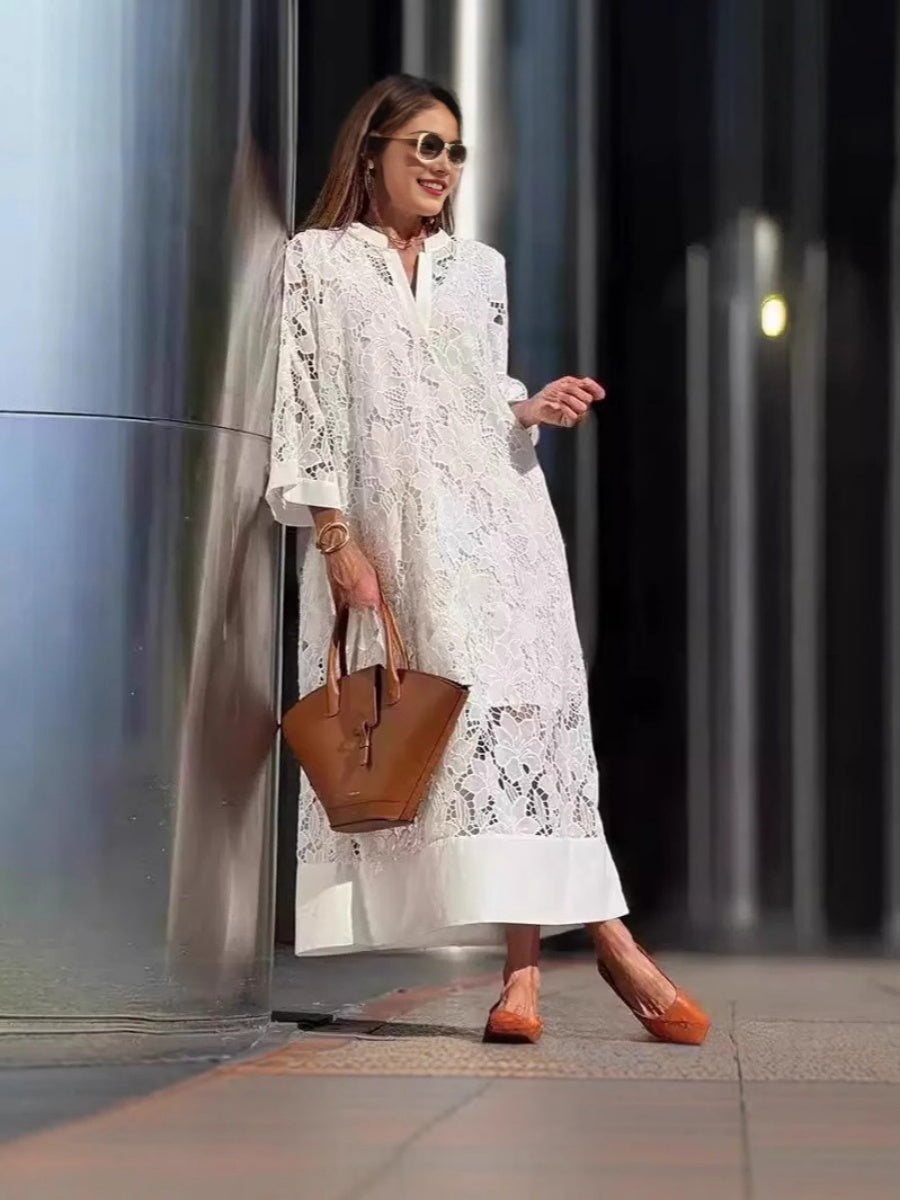 Applique 3D V-neck Straight-fit Long Sleeve Grace Maxi Dresses