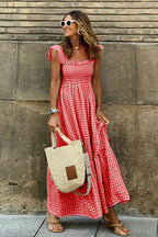 Gingham Check Smocked Square Neck Tiered Ruffle Spaghetti Strap Maxi Dress
