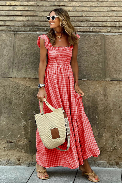 Gingham Check Smocked Square Neck Tiered Ruffle Spaghetti Strap Maxi Dress