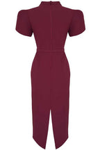 Mockneck Puff Short Sleeves Back Slit Midi Dress