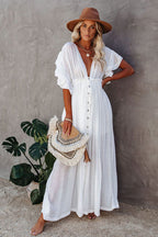 Plunging V-Neck Flutter Sleeve Tie Front Button Pocket Maxi Dress