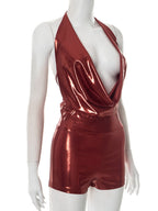 Metallic Gloss Deep V-neck Halter Neck Strap Jumpsuits