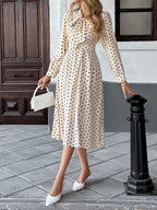 Bow Tie Collar Long Sleeve Waist Polka Dots Midi Dresses