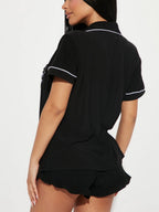 Collared Short-sleeved Shirt Lace-trimmed Shorts Two-piece Loungewear Set