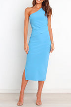 One Shoulder Sleeveless Side Split Ruched Midi Dress