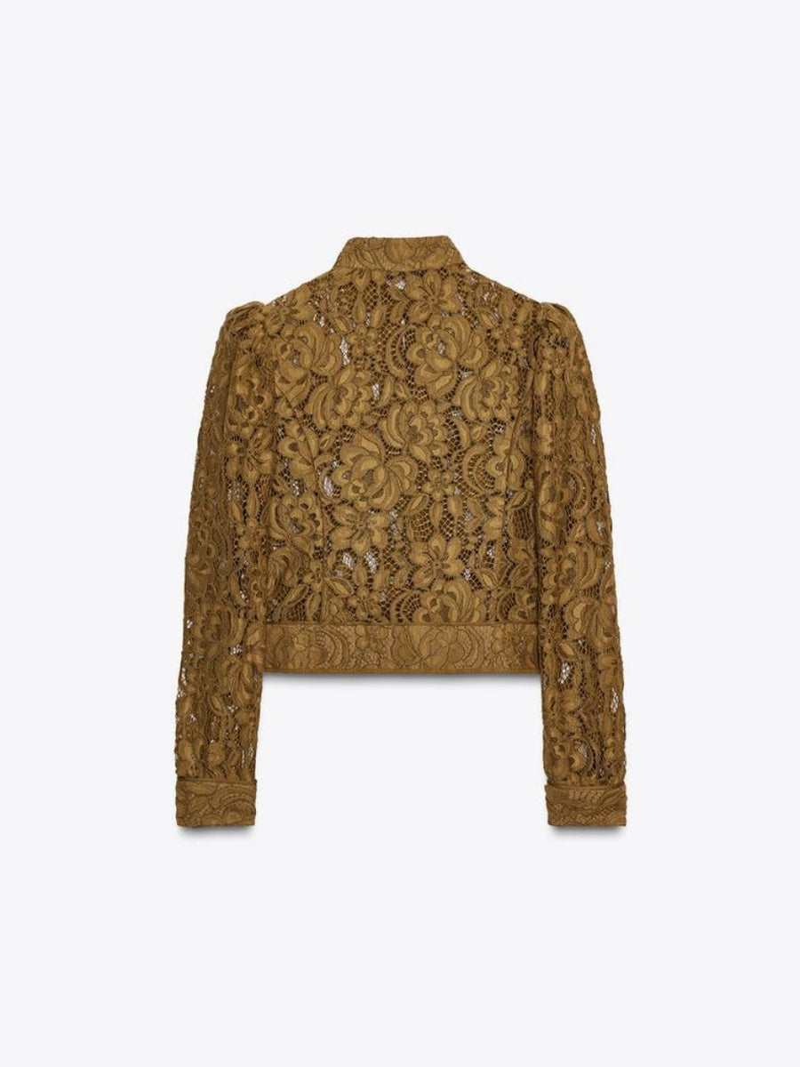 Applique Lace Stand Collar Cardigan Hollow Vacation Shirts