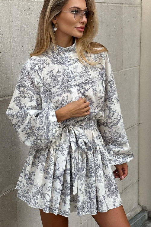 Toile Print Mock Neck Balloon Sleeve Belted Ruffle Hem Mini Dress