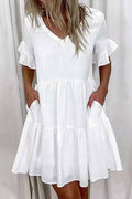 V Neck Ruffle Sleeves Pocketed Swing Mini Dress