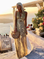 Printed Gathering Hot Stamping V-neck Sexy Maxi Dresses