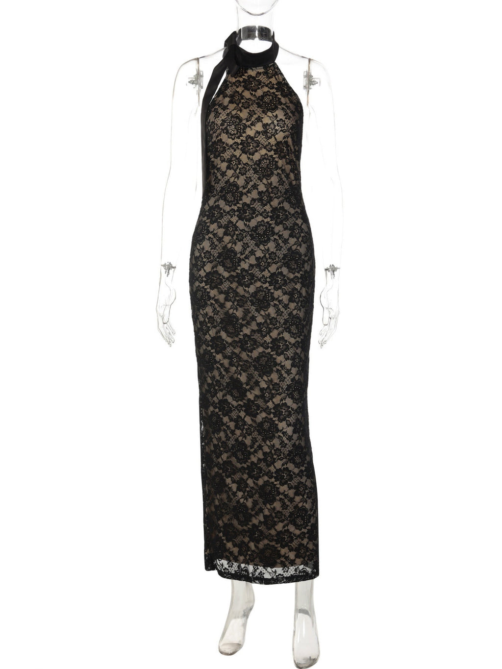 Lace Patchwork Halter Neck And Backless Sleeveless Bodycon Maxi Dresses