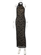 Lace Patchwork Halter Neck And Backless Sleeveless Bodycon Maxi Dresses