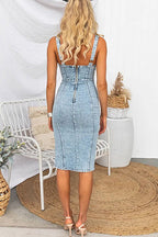 Denim Scoop Neck Zip Front Corset Panel Side Slit Midi Dress