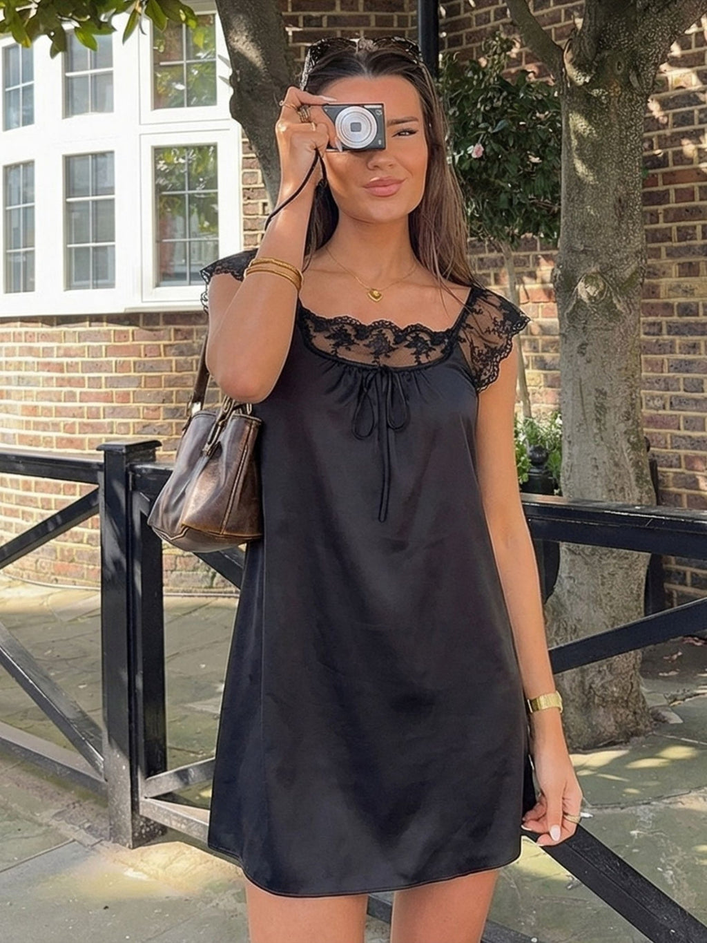 Lace Trim Square Neck Tie Satin Mini&Short Dresses