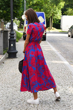 Short Sleeve V-Neck Floral Print Wrap Tie Waist Slit Maxi Dress