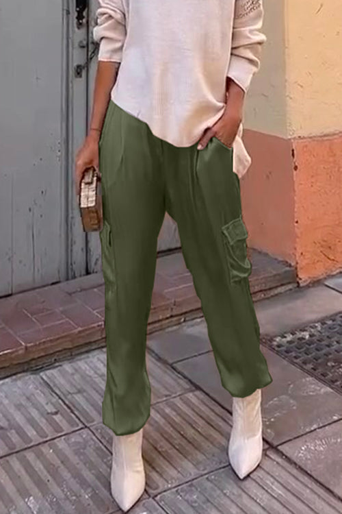 Casual Pocketed Cargo Satin Jogger Pants