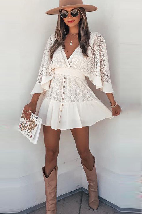 Lace Bell Sleeve Deep V-Neck Button Front Ruffle Hem Mini Dress