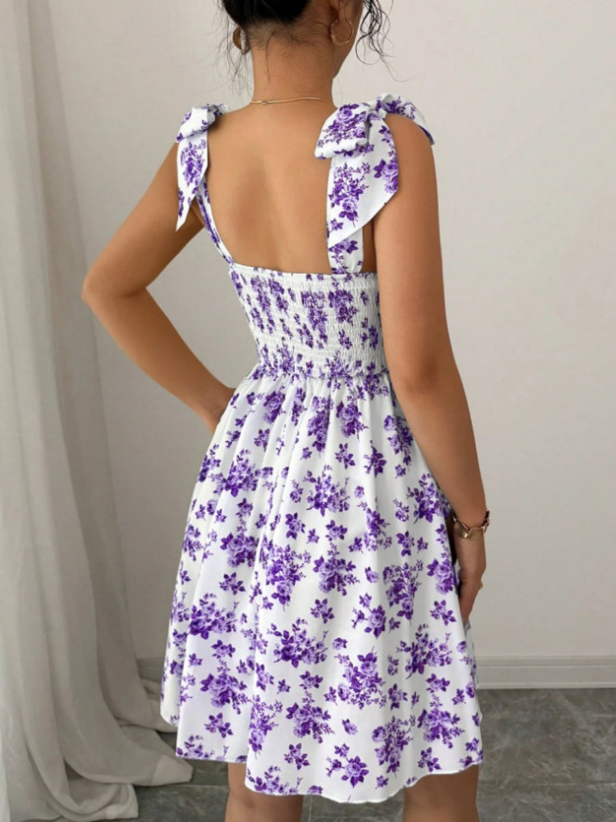 Waist V-neck Bandage Camisoles Printed Vacation And Leisure Mini&Short Dresses