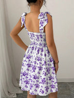 Waist V-neck Bandage Camisoles Printed Vacation And Leisure Mini&Short Dresses