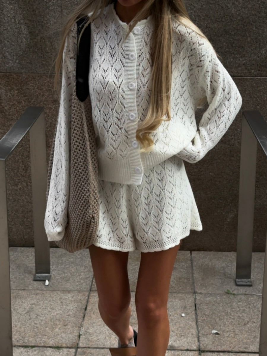 Jacquard Knitting Hollow Cardigan Top Shorts Set 2-piece Sets
