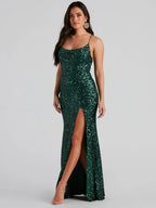 Sequins Slit Sexy Camisoles Formal Dress Maxi Dresses