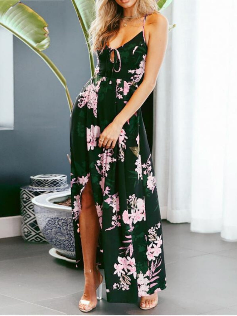 High-slit V-neck Floral Print Suspender Maxi Dress
