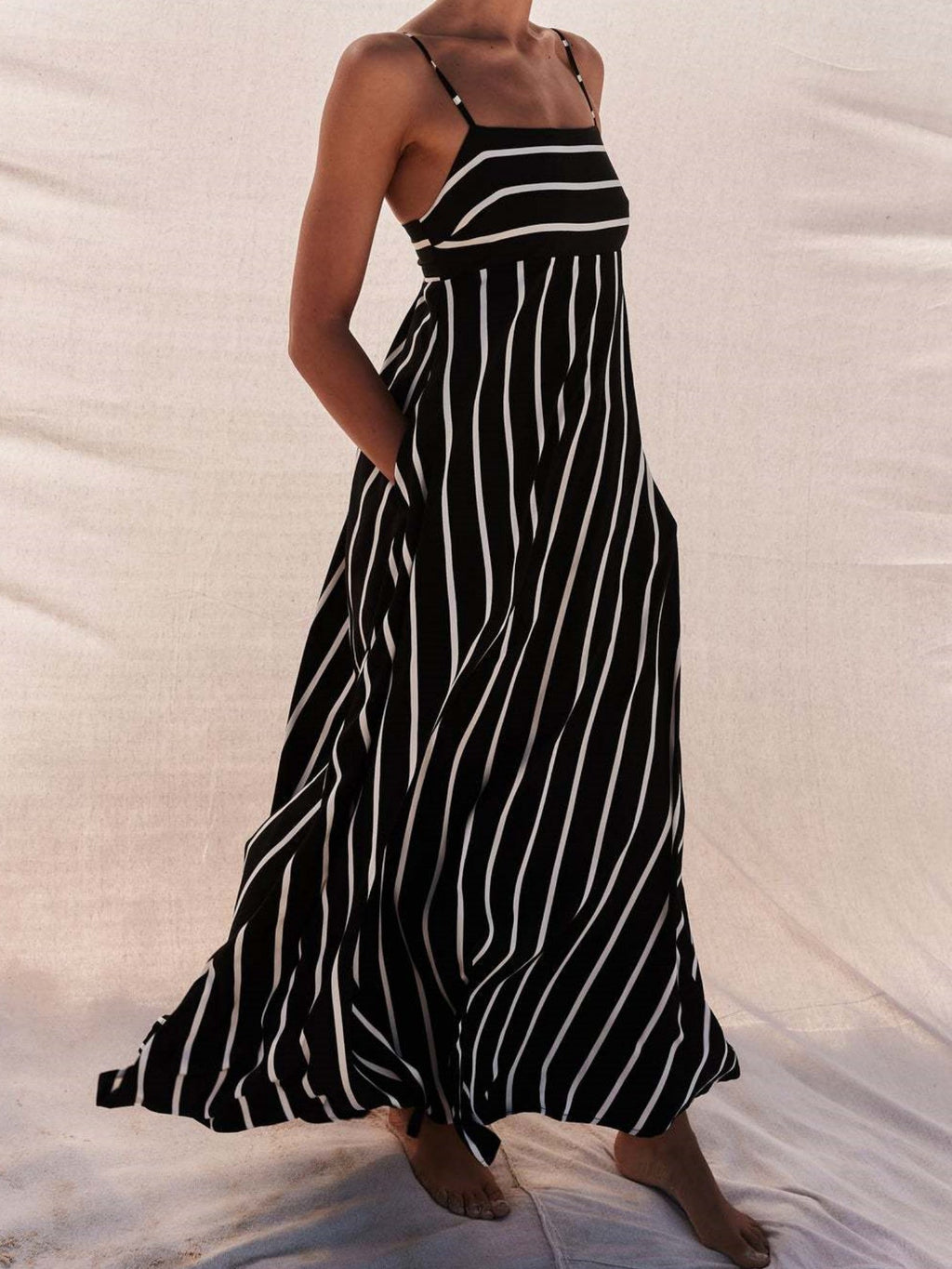 Striped Color Blocking Spaghetti Strap Backless Large Skirt Pockets Maxi Dresses