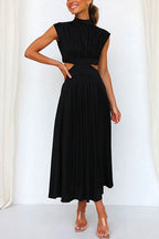 Mockneck Cut Out Waist Pockets Swing Dress