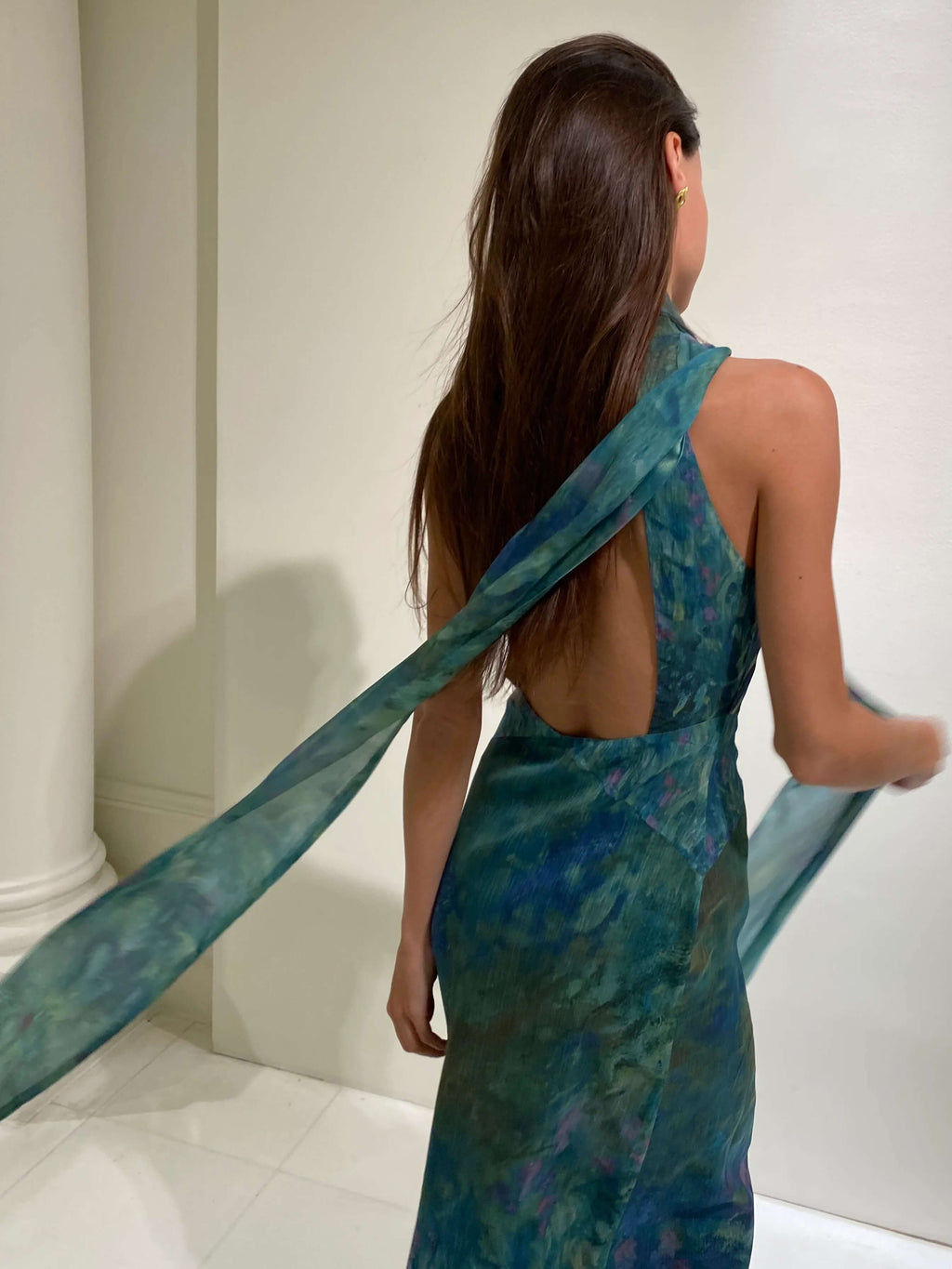 Halter Keyhole Criss Cross Waist Impressionist Print Plisse Maxi Gown