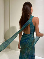 Halter Keyhole Criss Cross Waist Impressionist Print Plisse Maxi Gown