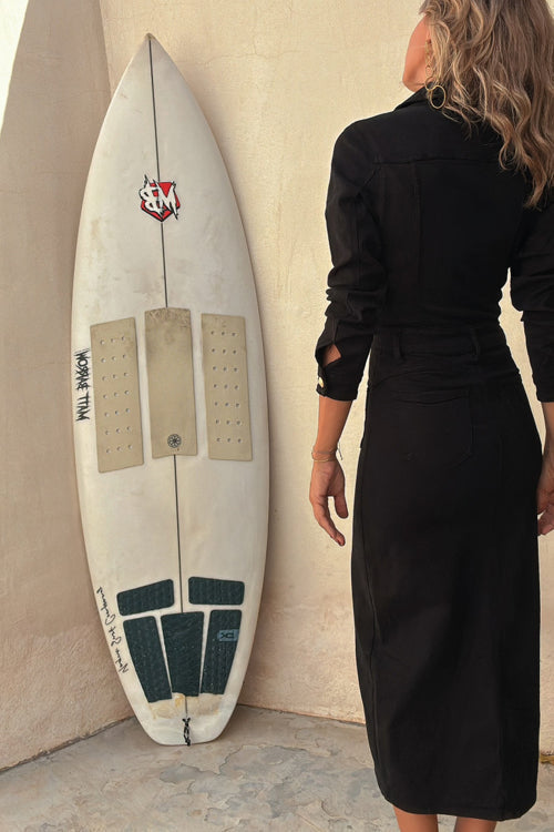Denim Button Front Patch Pocket Center Slit Long Sleeve Midi Dress