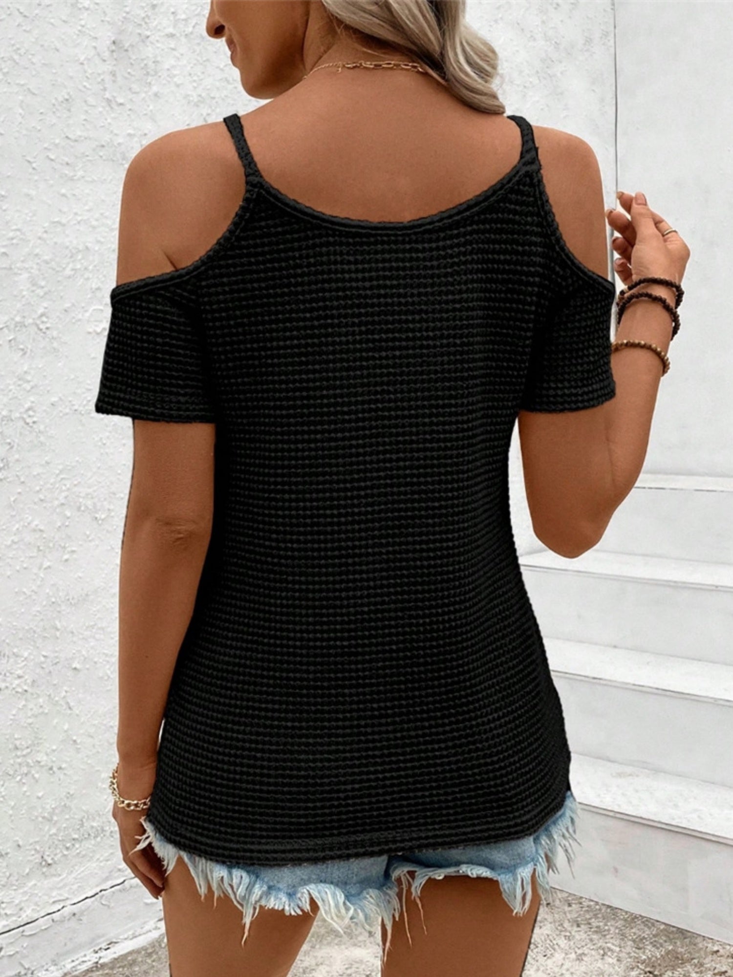Crochet Splicing Cutout Off-shoulder Knitted T-shirt