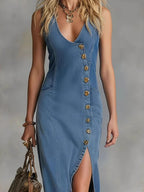 Button-front Sleeveless Denim Maxi Dress