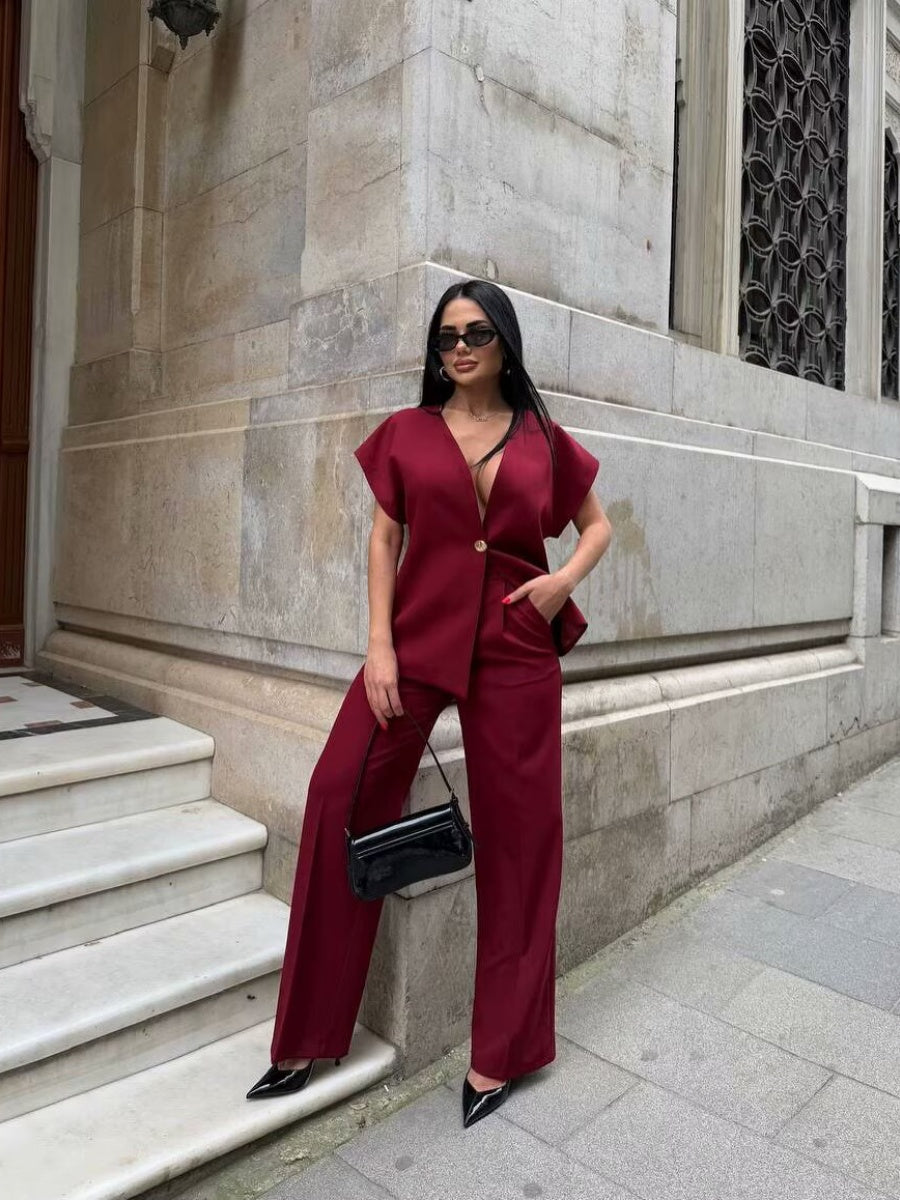 V-neck Buttons Jacket Wide-leg Pants Set Commuting 2-piece Sets