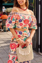 Puff Sleeves Back Cut Out Floral Print Crop Top