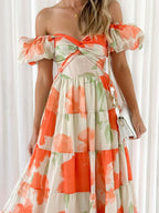 Printed Puff Sleeve Sweetheart Collar Vacation Maxi Dresses