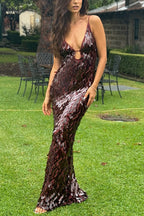 V Neck Cut Out Sequin Bodycon Maxi Cami Party Dress